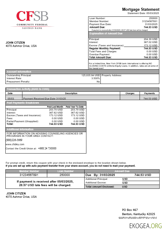 États , Unis New York Relevé d'hypothèque bancaire CFSB aux formats Word et PDF